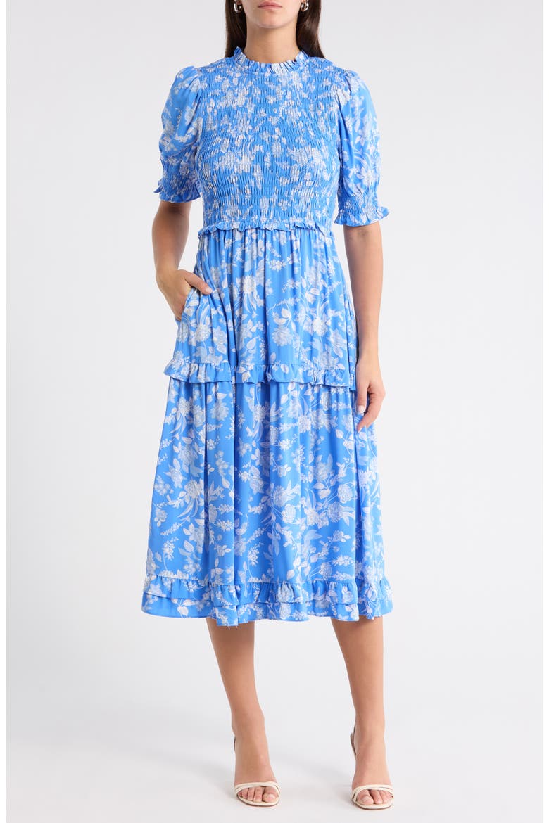 Odella Floral Analisa Smocked Midi Dress, Main, color, BLUE-WHITE