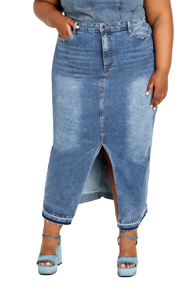 Hallie Raw Hem Denim Pencil Skirt, Main, color, LIGHT DENIM