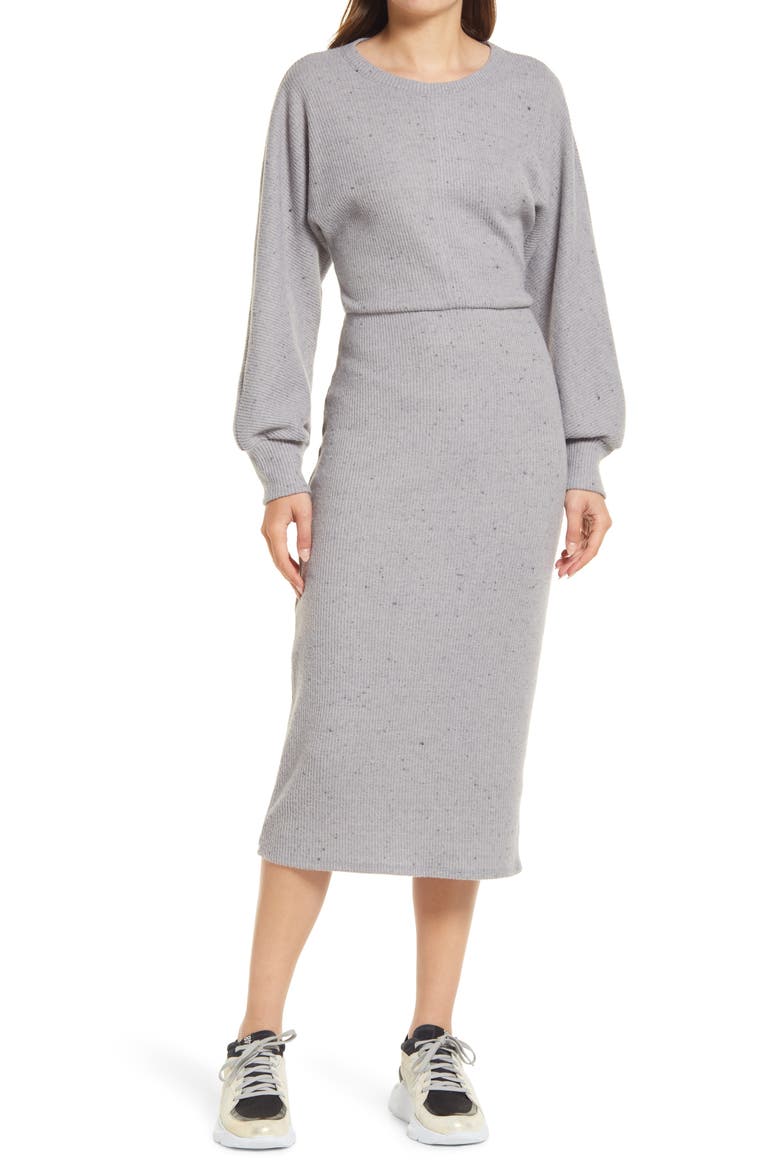 Cozy Rib Long Sleeve Midi Dress, Main, color, GREY MEDIUM CHARCOAL HEATHER