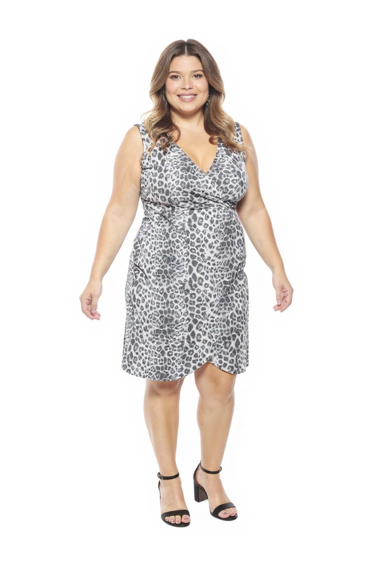 Plus Size Cheetah V-Neck Sleeveless Faux Wrap Tulip Hem Midi Dress, Main, color, Black Multi