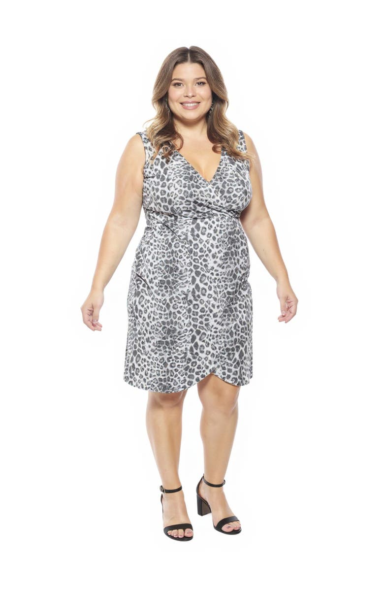 24seven Comfort Apparel Plus Size Cheetah V-Neck Sleeveless Faux Wrap Tulip Hem Midi Dress, Main, color, Black Multi