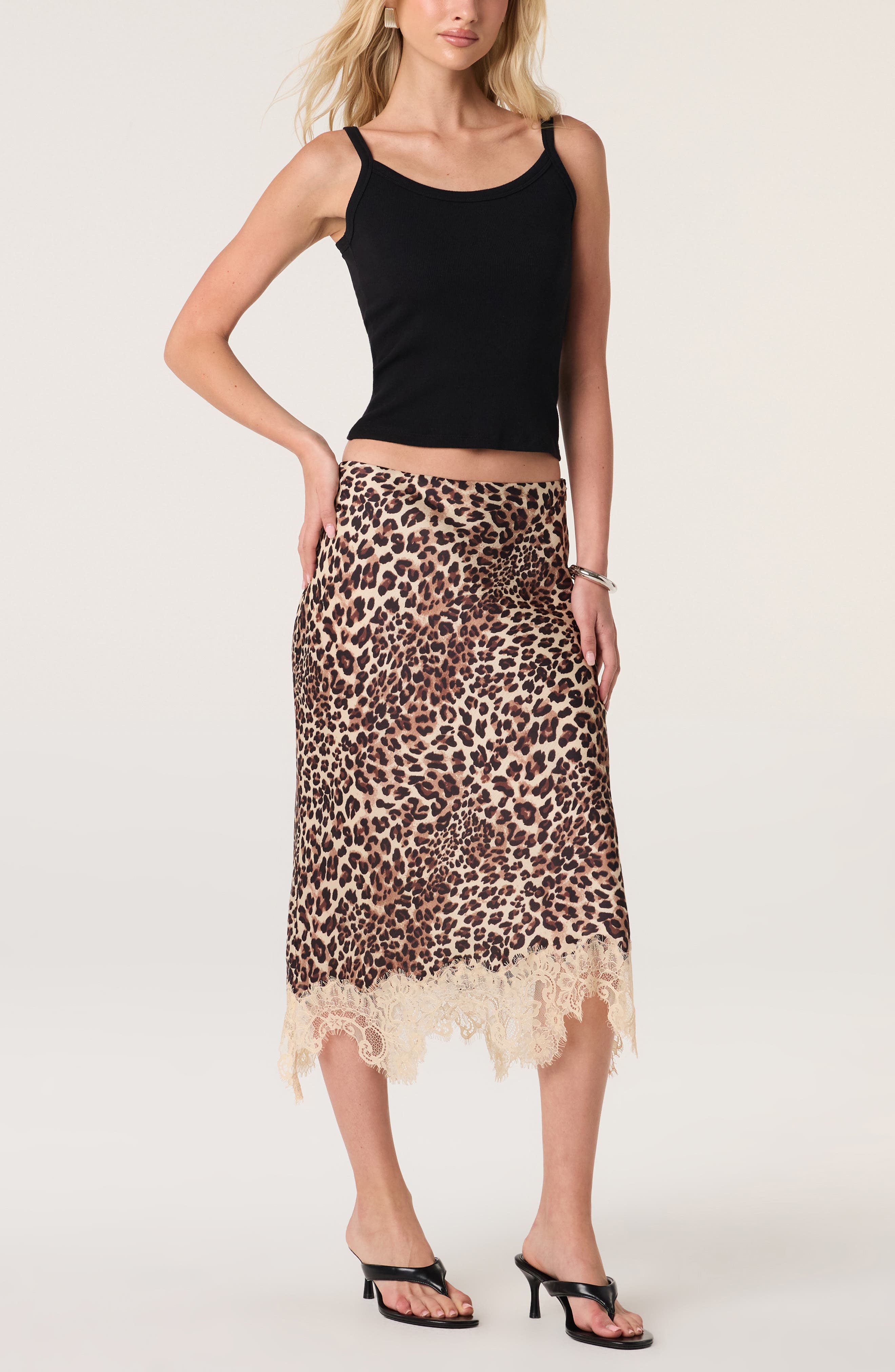 ASTR the Label Eilinna Leopard Print Lace Trim Midi Skirt (Women