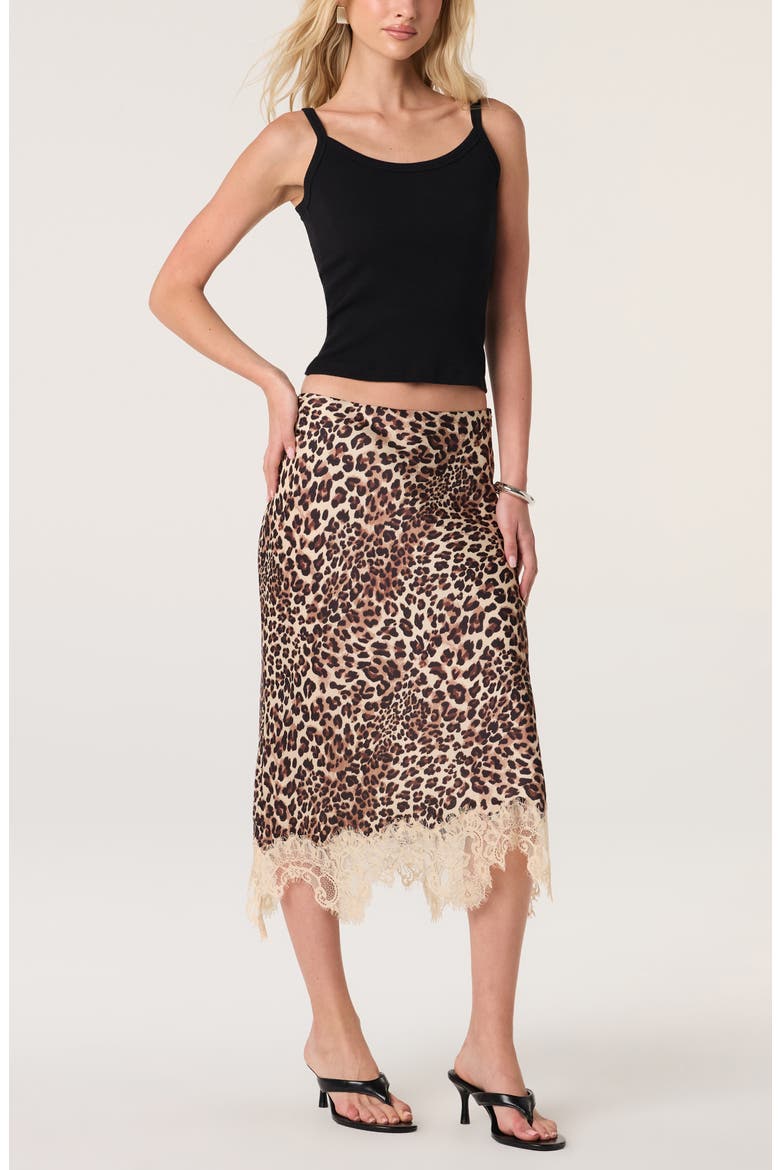 Eilinna Leopard Print Lace Trim Midi Skirt, Alternate, color, LEOPARD PRINT