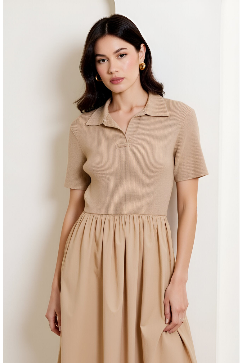Polo Collar Short-Sleeve Gathered A-Line Midi Sweater Dress, Alternate, color, Beige