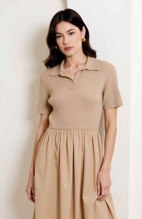Modenaire Polo Collar Short-sleeve Gathered A-line Midi Sweater Dress In Brown