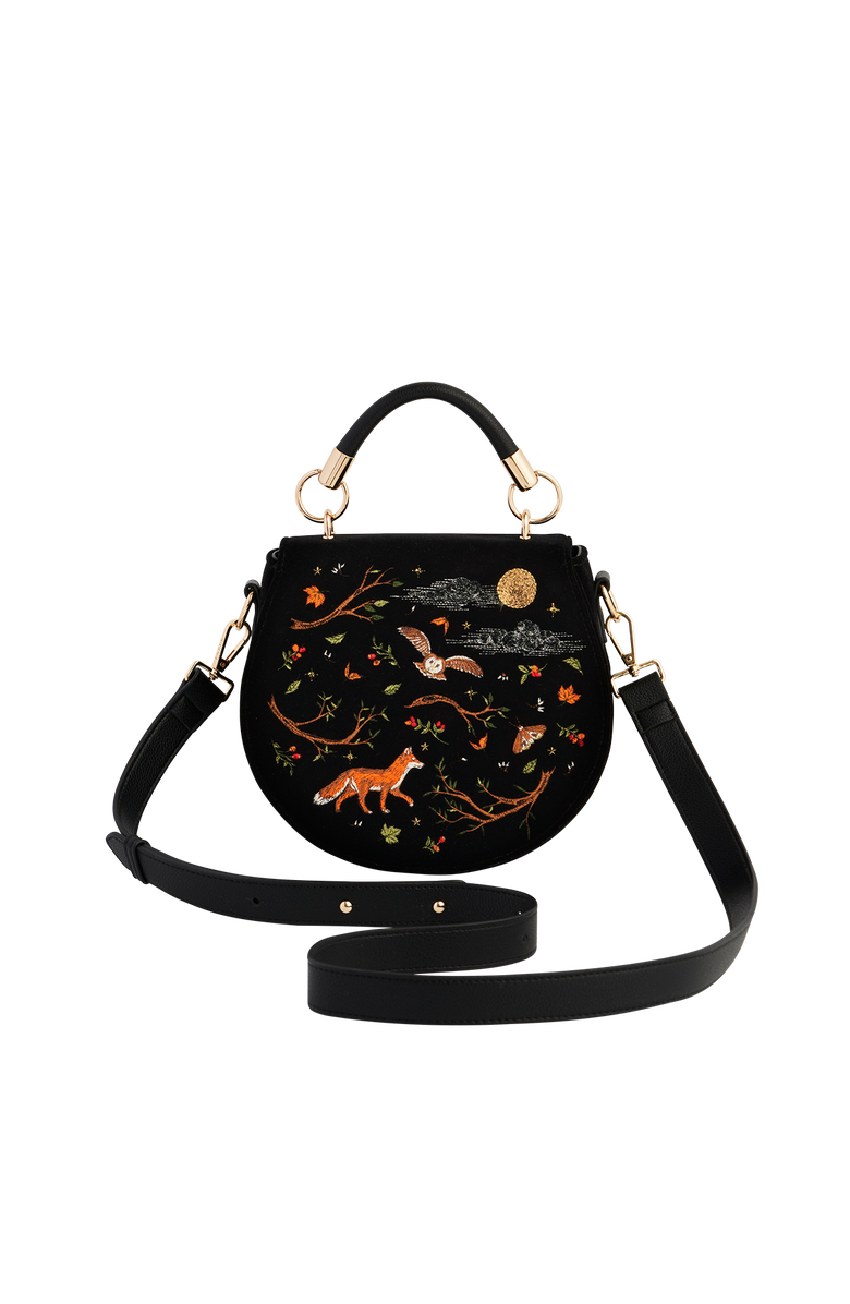 Fable England Fox & Owl Embroidered Black Top Handle Saddle Bag, Alternate, color, Black