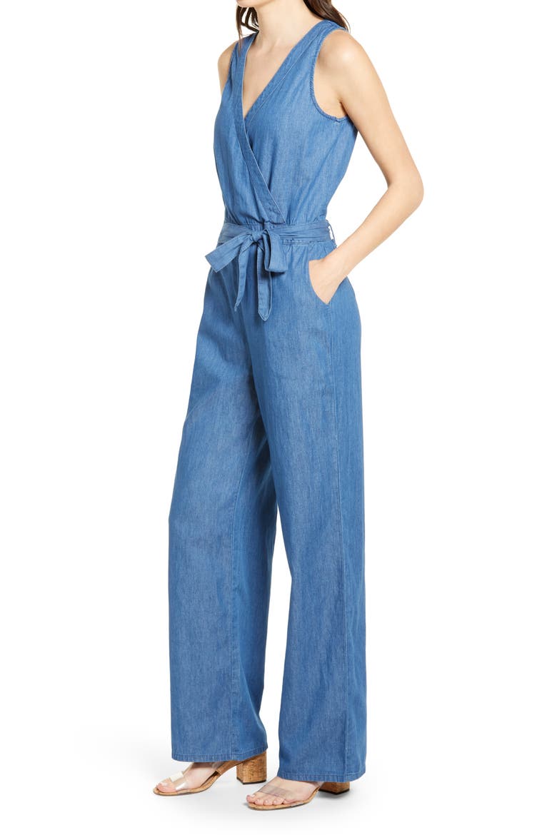 Surplice Chambray Jumpsuit, Alternate, color, MED WASH