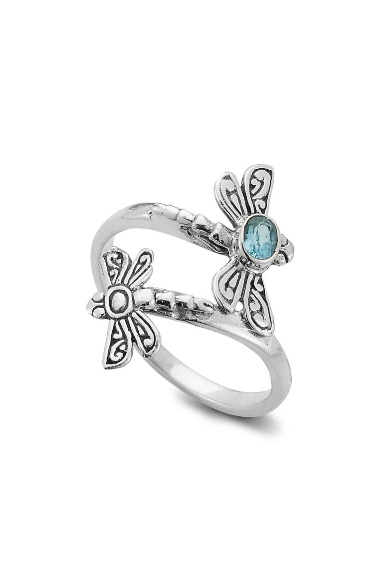 Sterling Silver Blue Topaz Dragonfly Bypass Ring, Main, color, BLUE