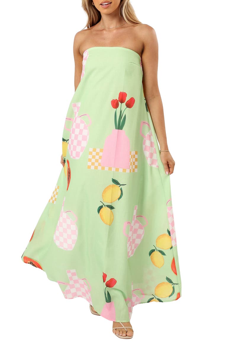 Piccolo Fruit Print Strapless Maxi Dress, Main, color, GREEN PAPAYA