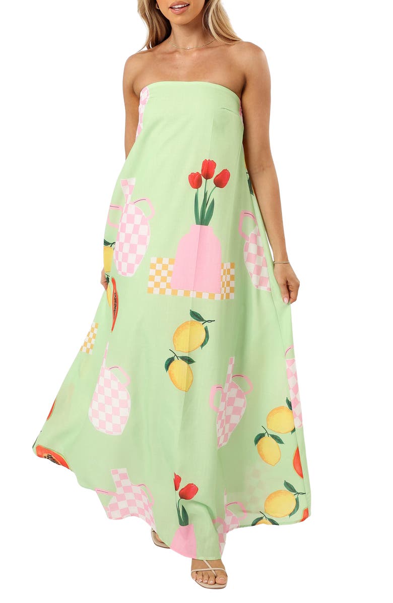 Petal & Pup Piccolo Fruit Print Strapless Maxi Dress, Main, color, Green Papaya