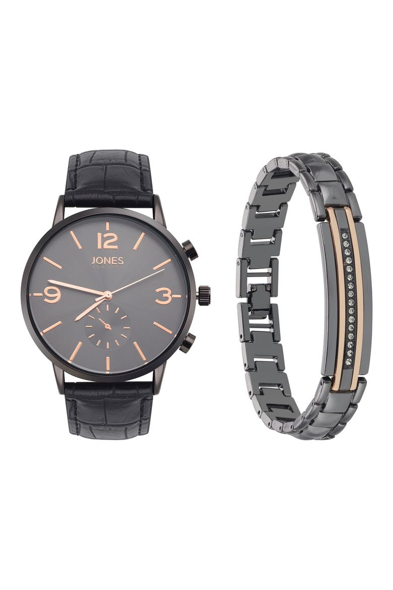 Three-Hand Quartz Bracelet Watch & ID Bracelet Set, Main, color, BLACK