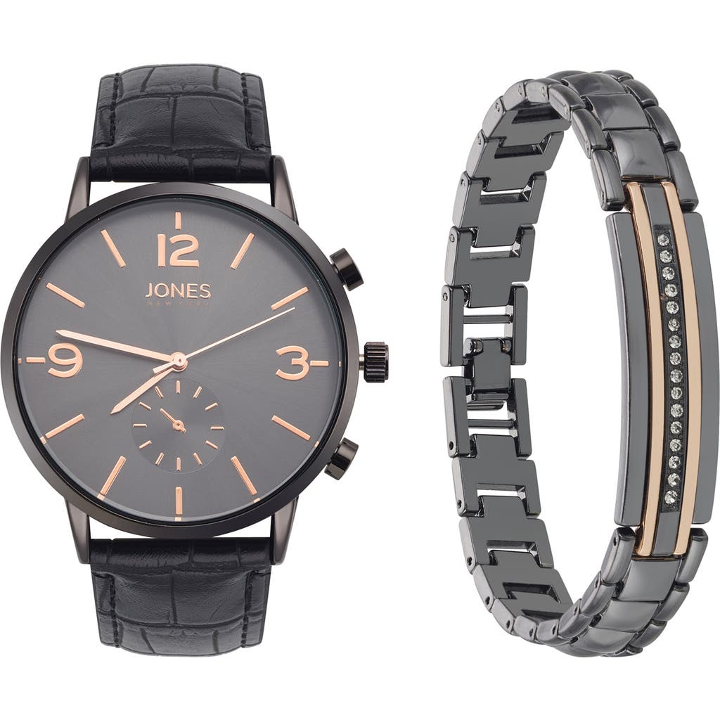 Jones New York Three-Hand Quartz Bracelet Watch & ID Bracelet Set in Black at Nordstrom Rack