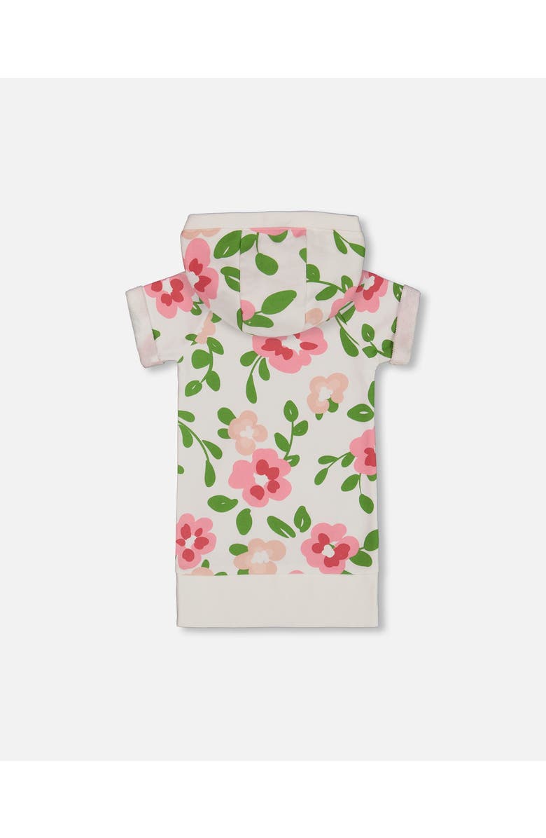 Deux par Deux Little Girl's Printed French Terry Hooded Dress Pink Flowers On White Background, Alternate, color, Pink Flowers On White