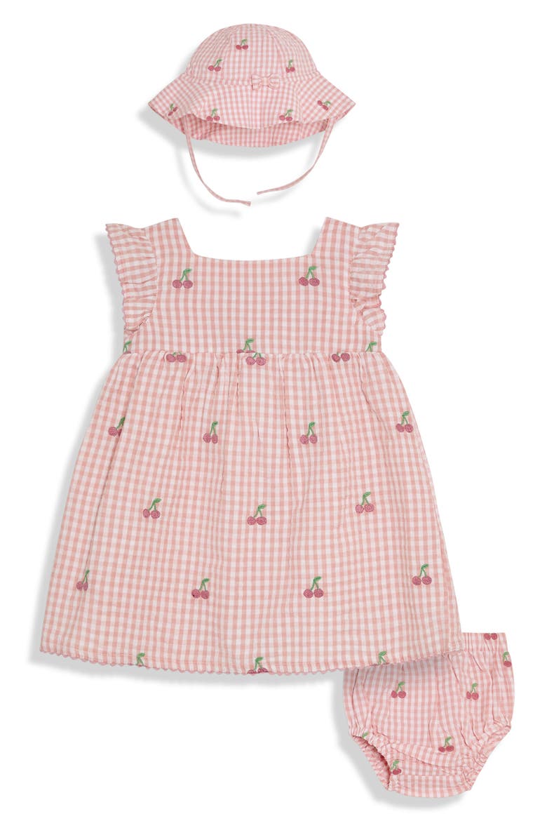 Cherry Embroidered Gingham Dress, Bloomers & Bucket Hat Set, Main, color, PINK