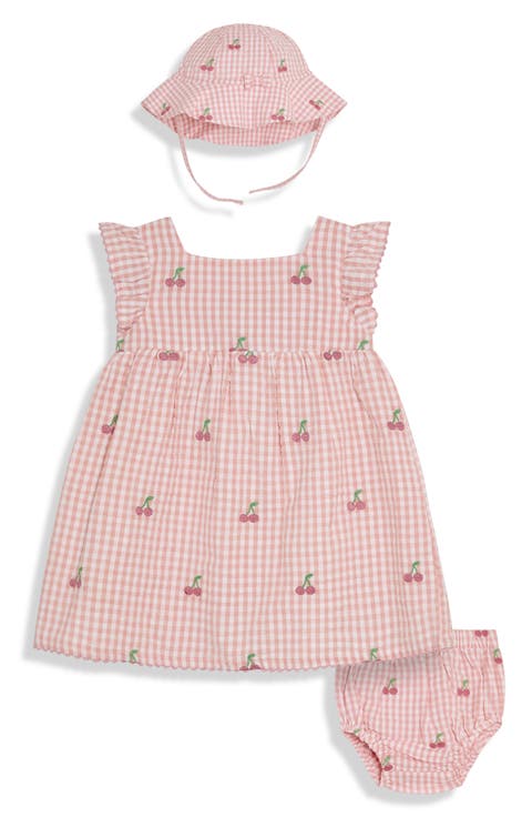 Cherry Embroidered Gingham Dress, Bloomers & Bucket Hat Set (Baby)