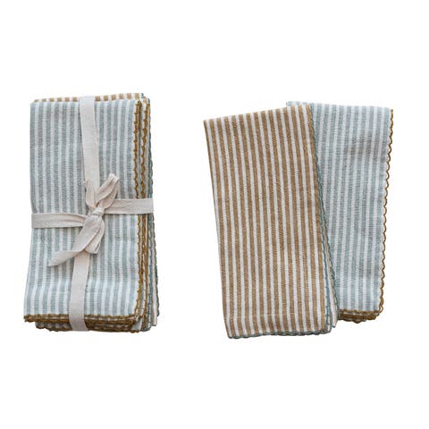 Square Cotton Napkins with Scalloped Edge and Stripes, Set of 4, 2 Colors