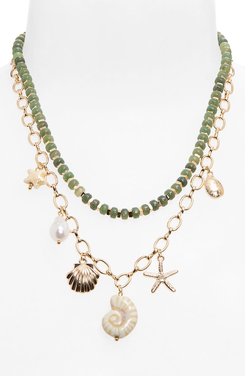 BP. Set of 2 Bead & Charm Necklaces, Alternate, color, Gold Multi