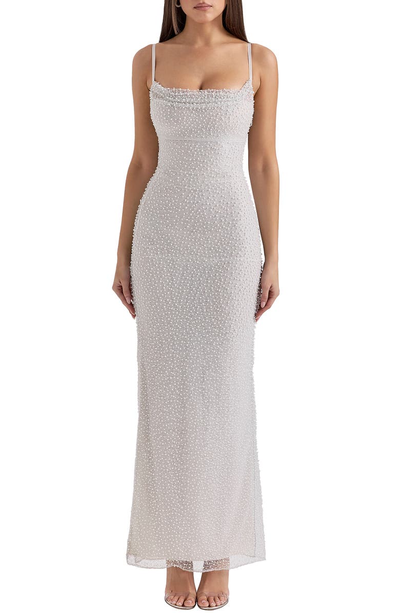 HOUSE OF CB Calla Beaded Mesh Overlay Gown, Main, color, Nimbus Cloud