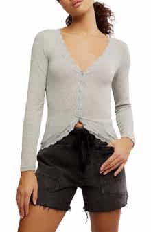 Free People Big Love Lace Trim Knit Button-Up Top