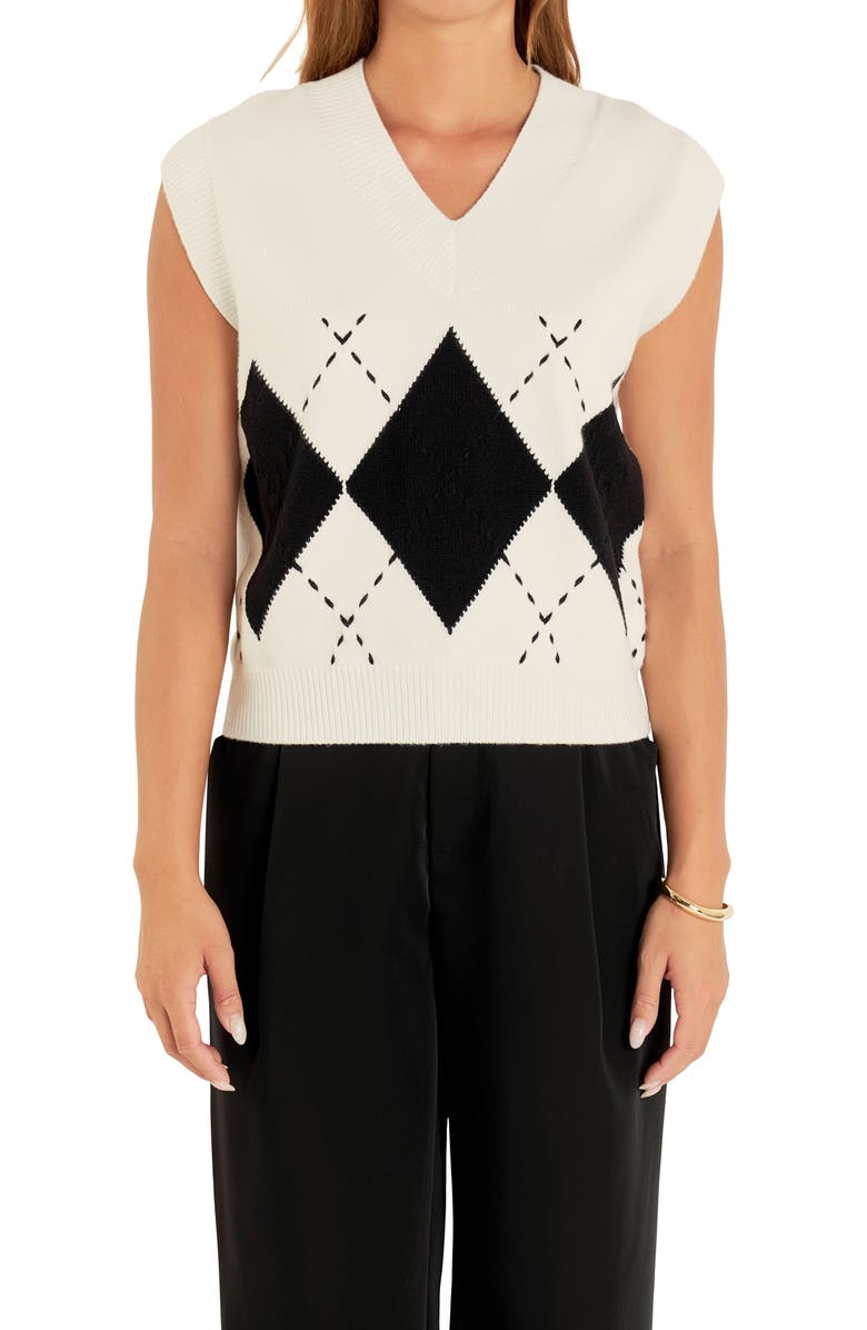 English Factory Argyle Pullover Sweater Vest, Alternate, color, Ivory/ Black