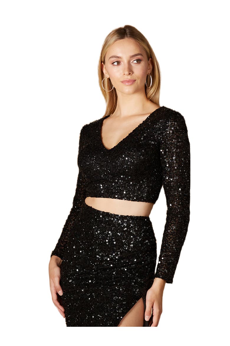 Long Sleeve V-Neck Beaded Top, Main, color, Black