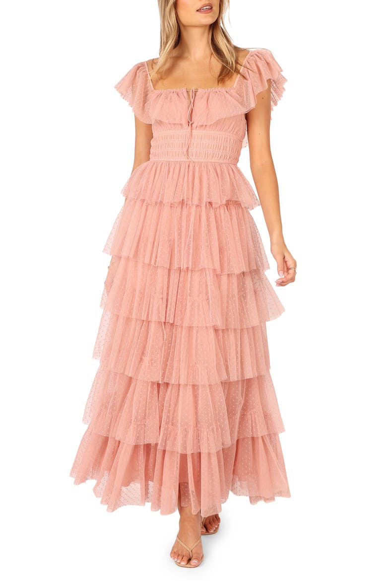 Belle Swiss Dot Tulle Tiered Maxi Dress, Main, color, BLUSH