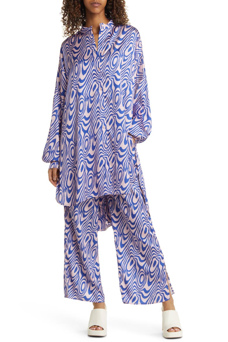 Oversize Button-Up Satin Shirt & High Waist Crop Pants Set, Main, color, PINK/BLUE