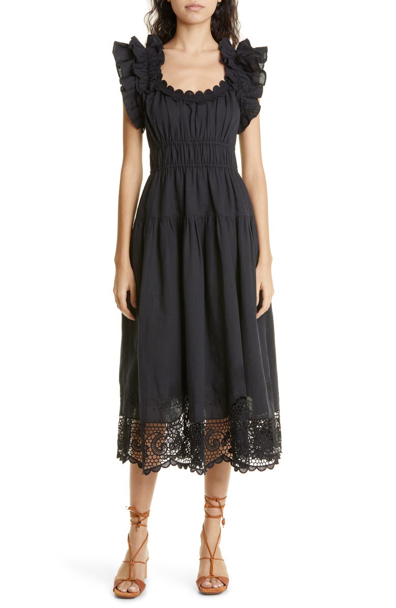 Ulla Johnson Leona Smocked Ruffle Linen Blend Midi Dress, Main, color,