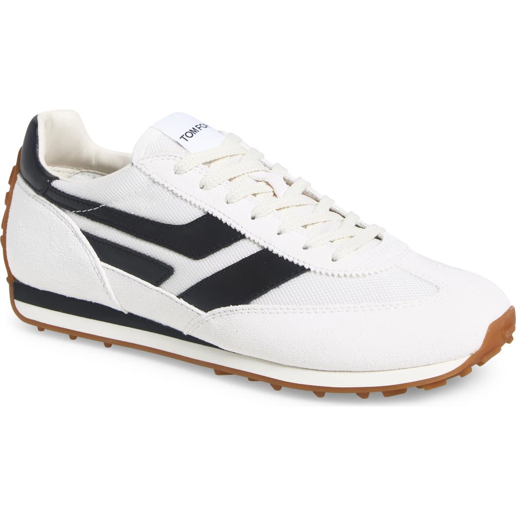 Shop Tom Ford Mick Mixed Media Sneaker In 5w023 White/black/amber