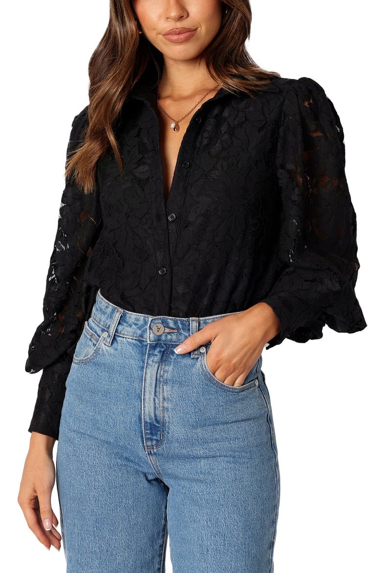 Tadeo Floral Lace Button-Up Shirt, Main, color, BLACK