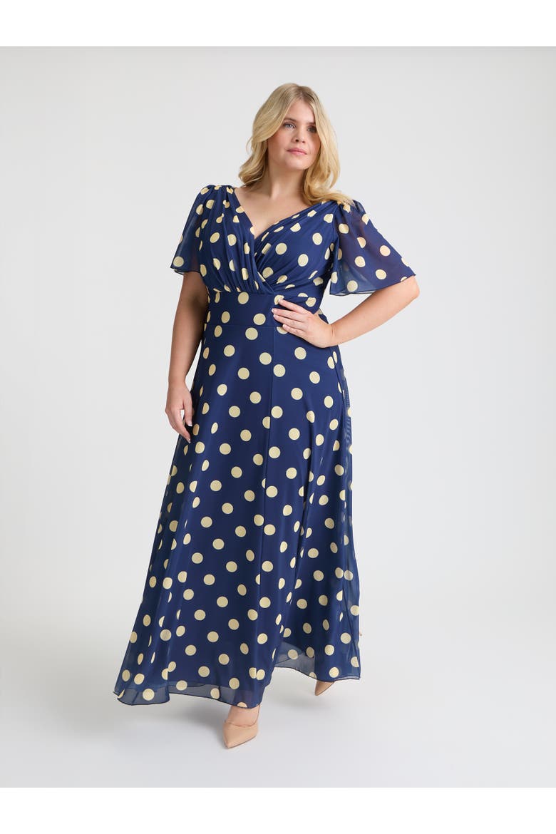Isabelle Spot Angel Sleeve Maxi Dress, Main, color, Navy Cream Spot