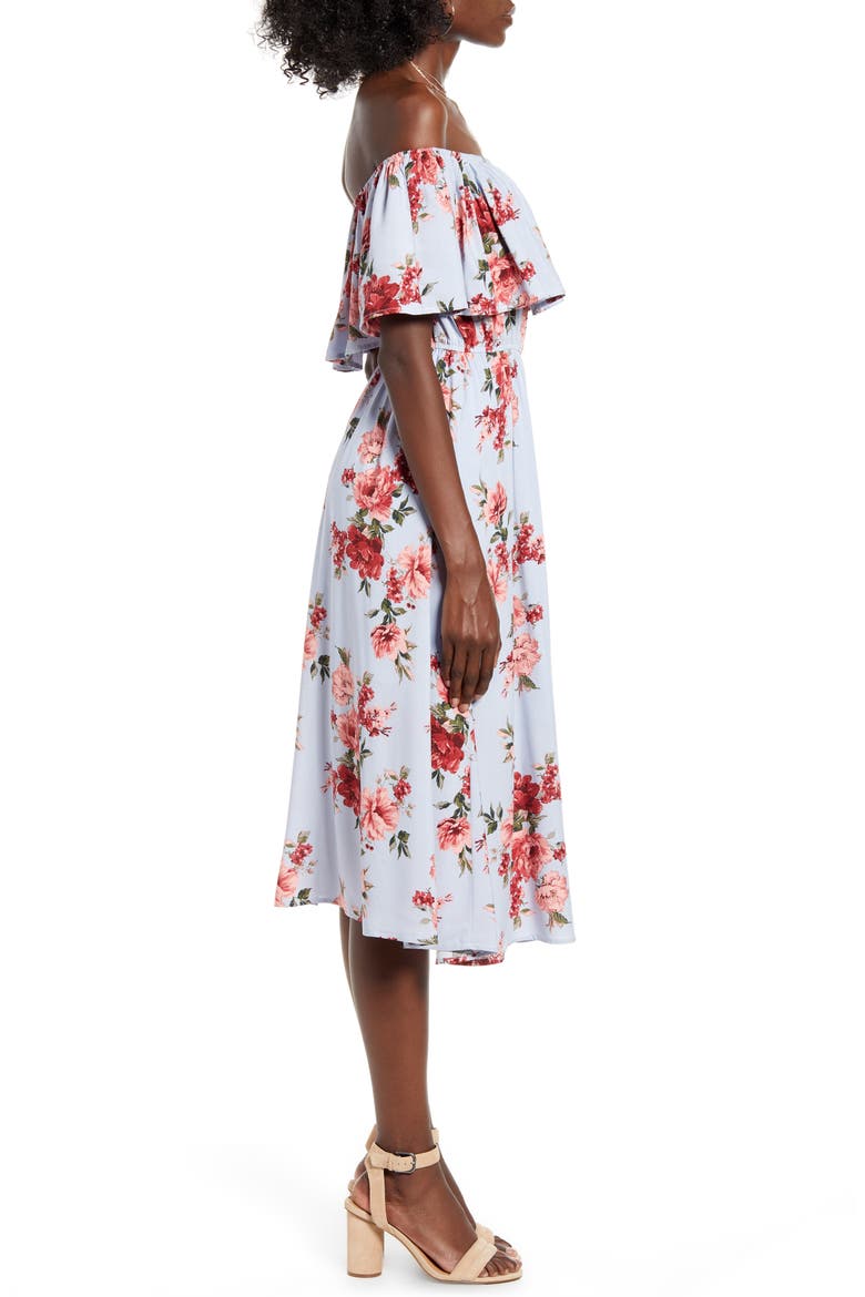 Off the Shoulder Popover Midi Dress, Alternate, color, BLUE DRIFT LARGE FLORAL