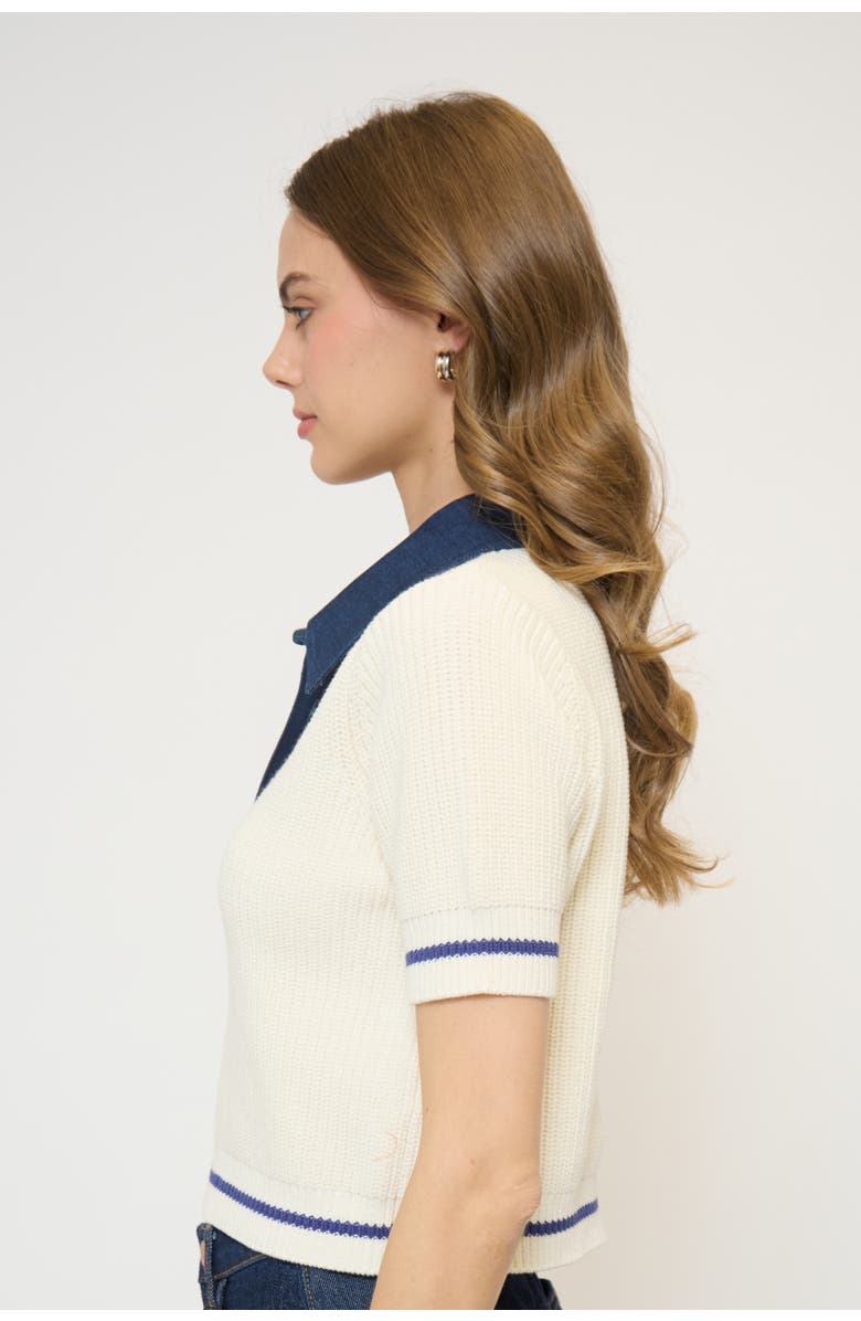 Central Park West Eden Short Sleeve Denim Collared Polo, Alternate, color, Ivory