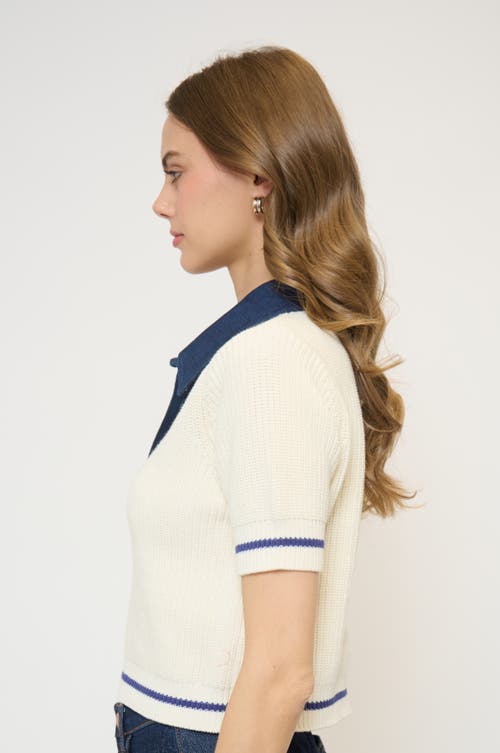 Central Park West Eden Short Sleeve Denim Collared Polo In White