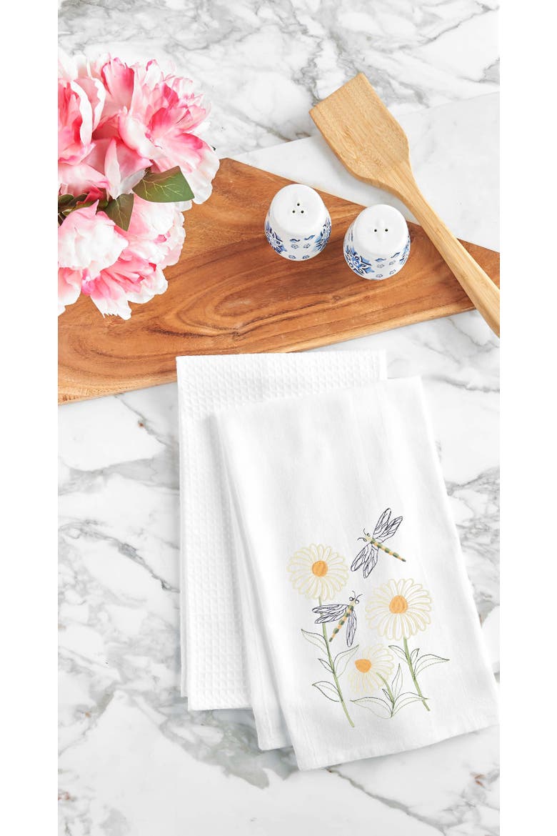 Dragonflies & Daisies Embroidered Cotton Flour Sack Kitchen Dishtowel, Alternate, color, Yellow