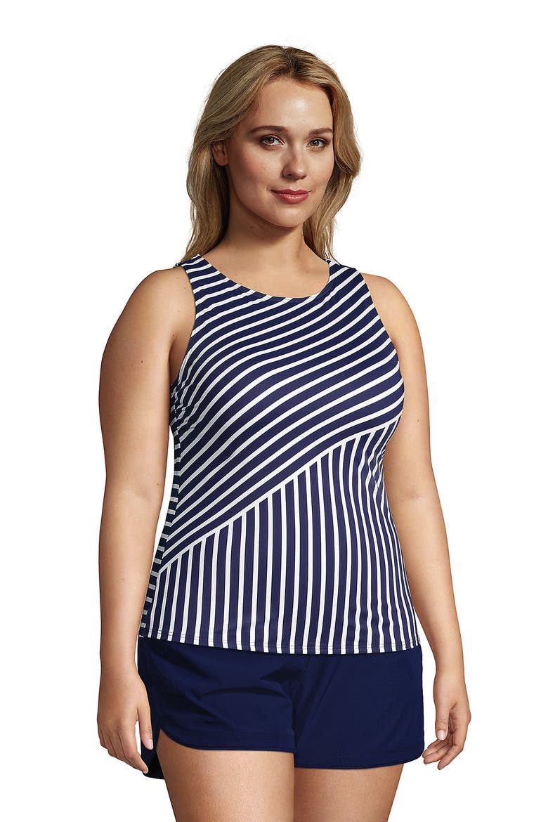 Mastectomy Chlorine Resistant Square Neck Tankini Top Swimsuit Adjustable Straps, Alternate, color, Deep Sea Mixed Diagonal Stripe