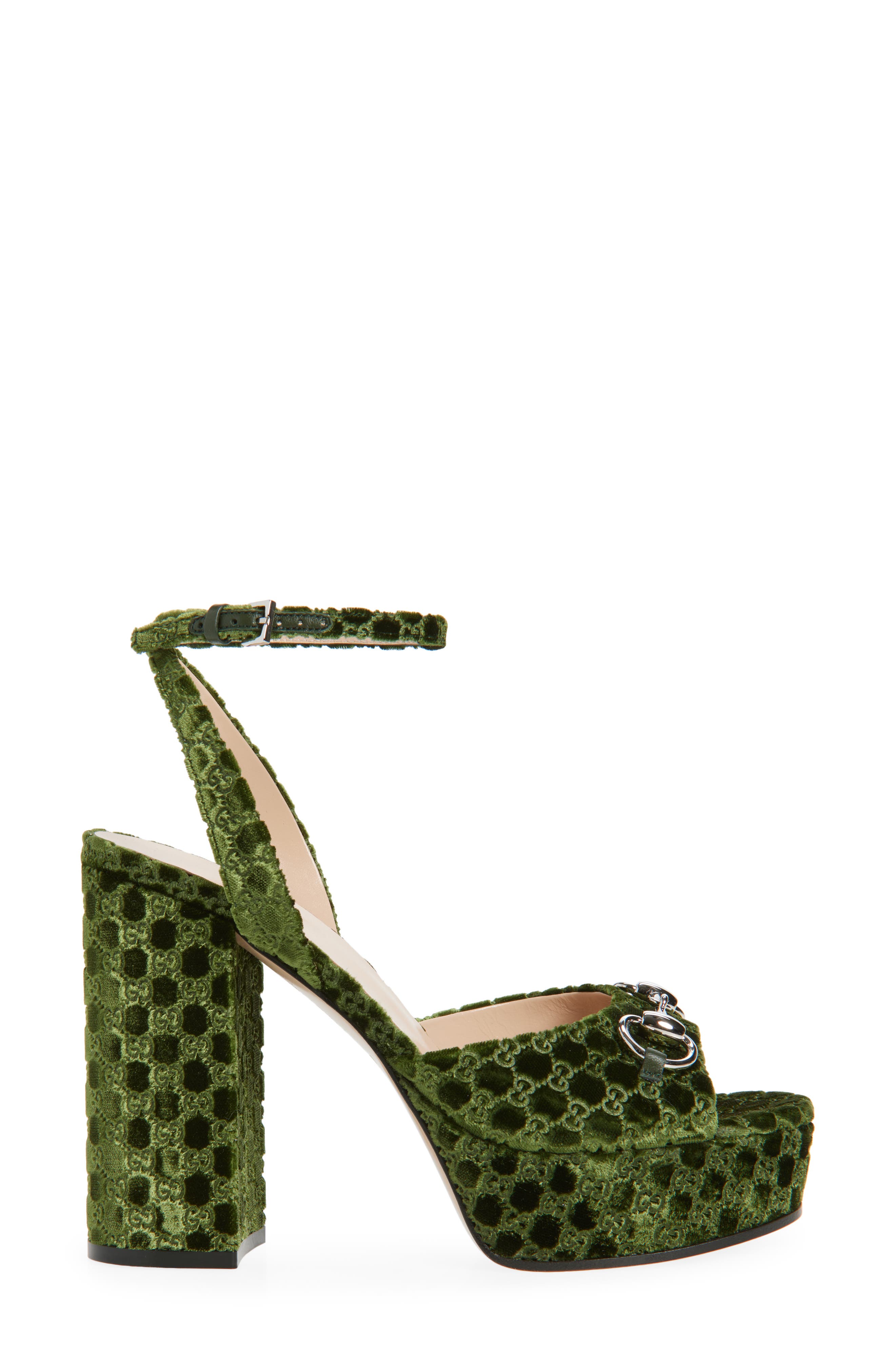Gucci Lady Horsebit GG Logo Velvet Platform Sandal, Alternate, color, Dark Green