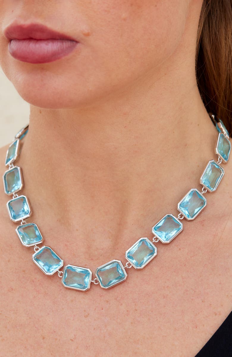 SAVVY CIE JEWELS Bezel Aqua Crystal Necklace, Alternate, color, Silver/Blue