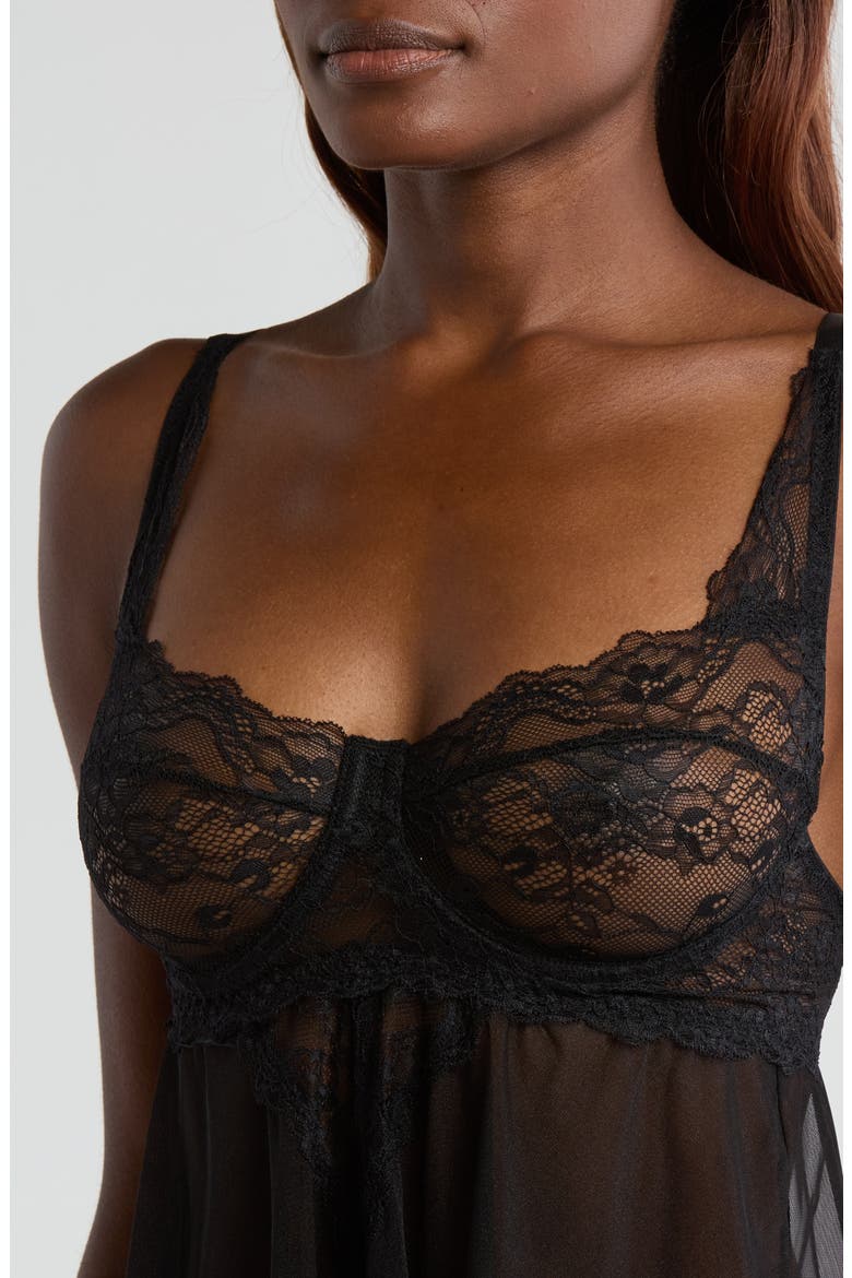 Lace Underwire Babydoll Chemise & G-String Set, Alternate, color, BLACK