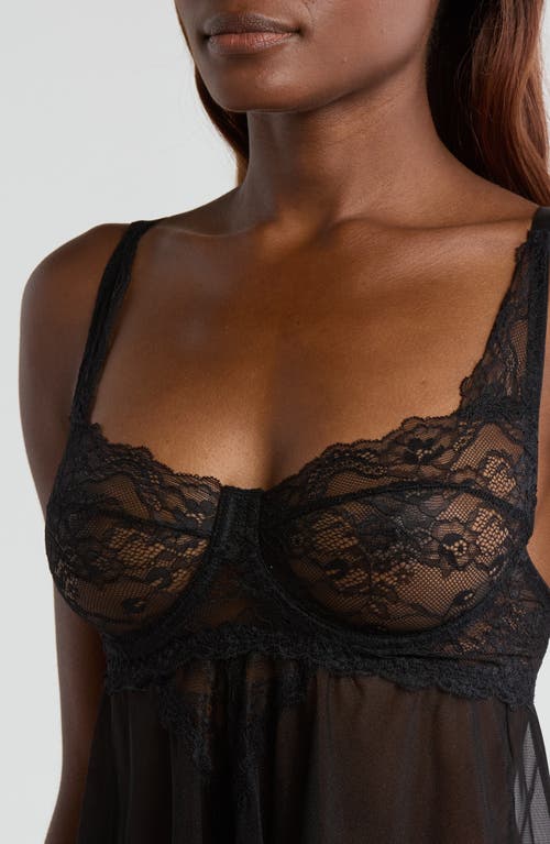 Coquette Lace Underwire Babydoll Chemise & G-string Set In Black