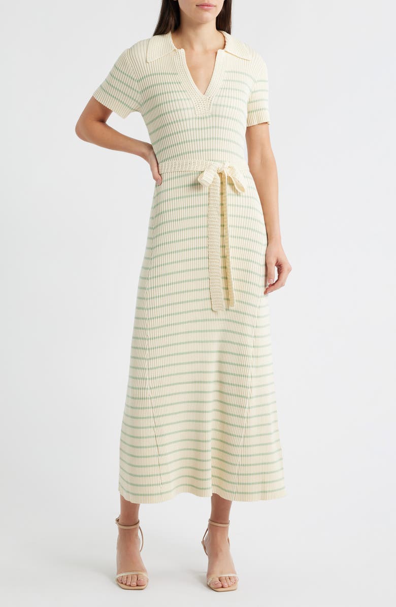 ZOE AND CLAIRE Stripe Ribbed Polo Sweater Dress, Main, color, Ivory/ Mint