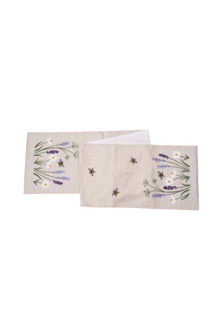 Lavender & Bee Garden Embroidered 100% Cotton Table Runner 13" x 72", Main, color, Green
