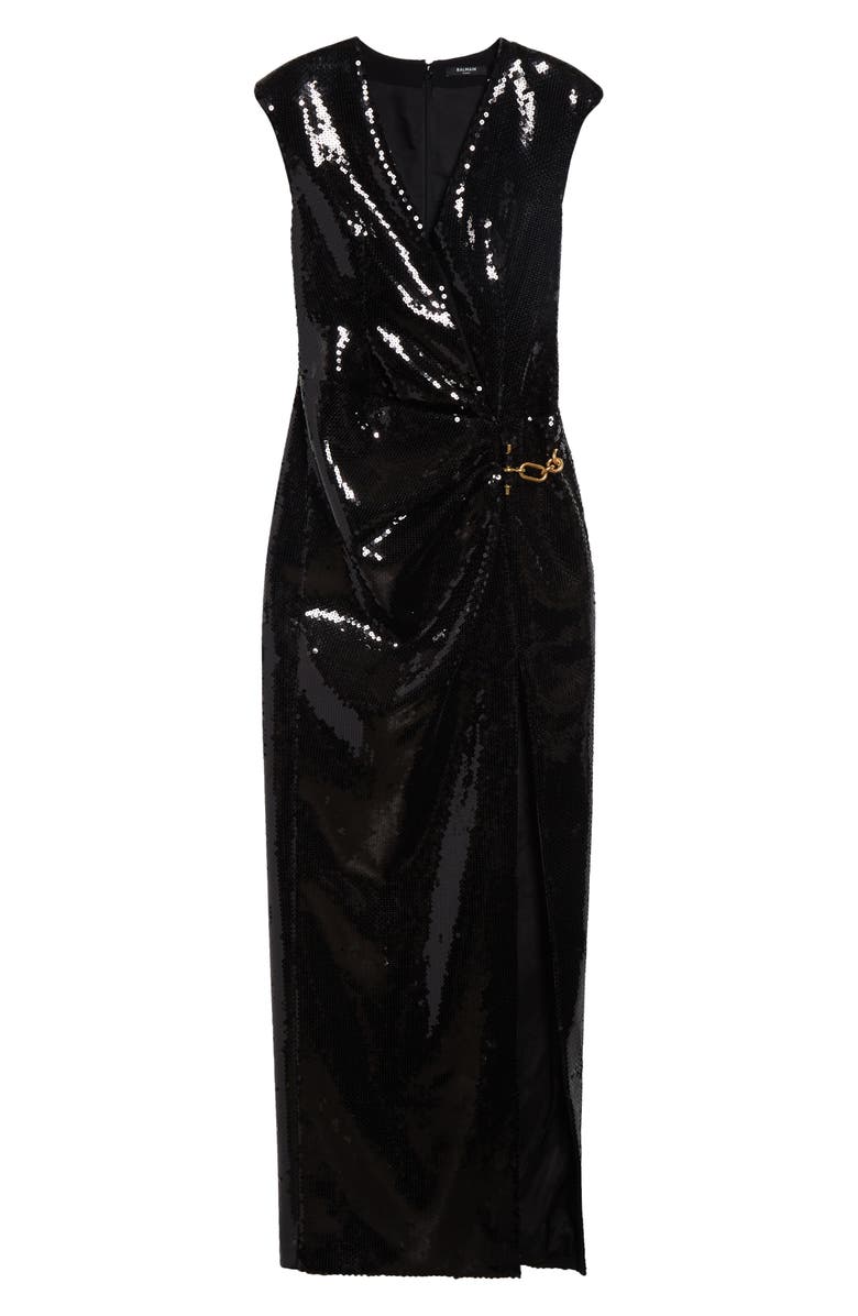 Balmain Sequin Draped Side Chain Dress, Main, color, 0Pa Black