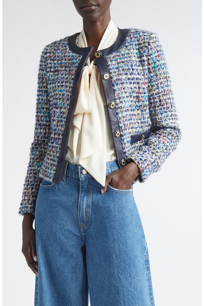 San Germain Leather Trim Tweed Jacket, Main, color, MIDNIGHT/ ECRU MULTI