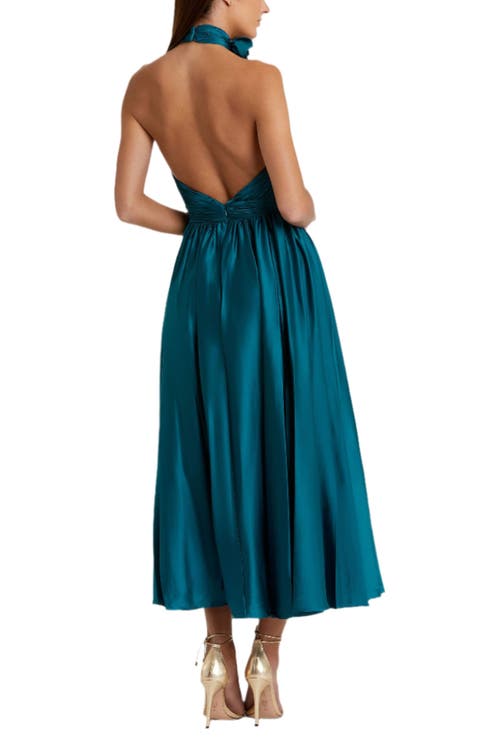 Mac Duggal Pleated Charmeuse High Neck Sleeveless Midi Dress