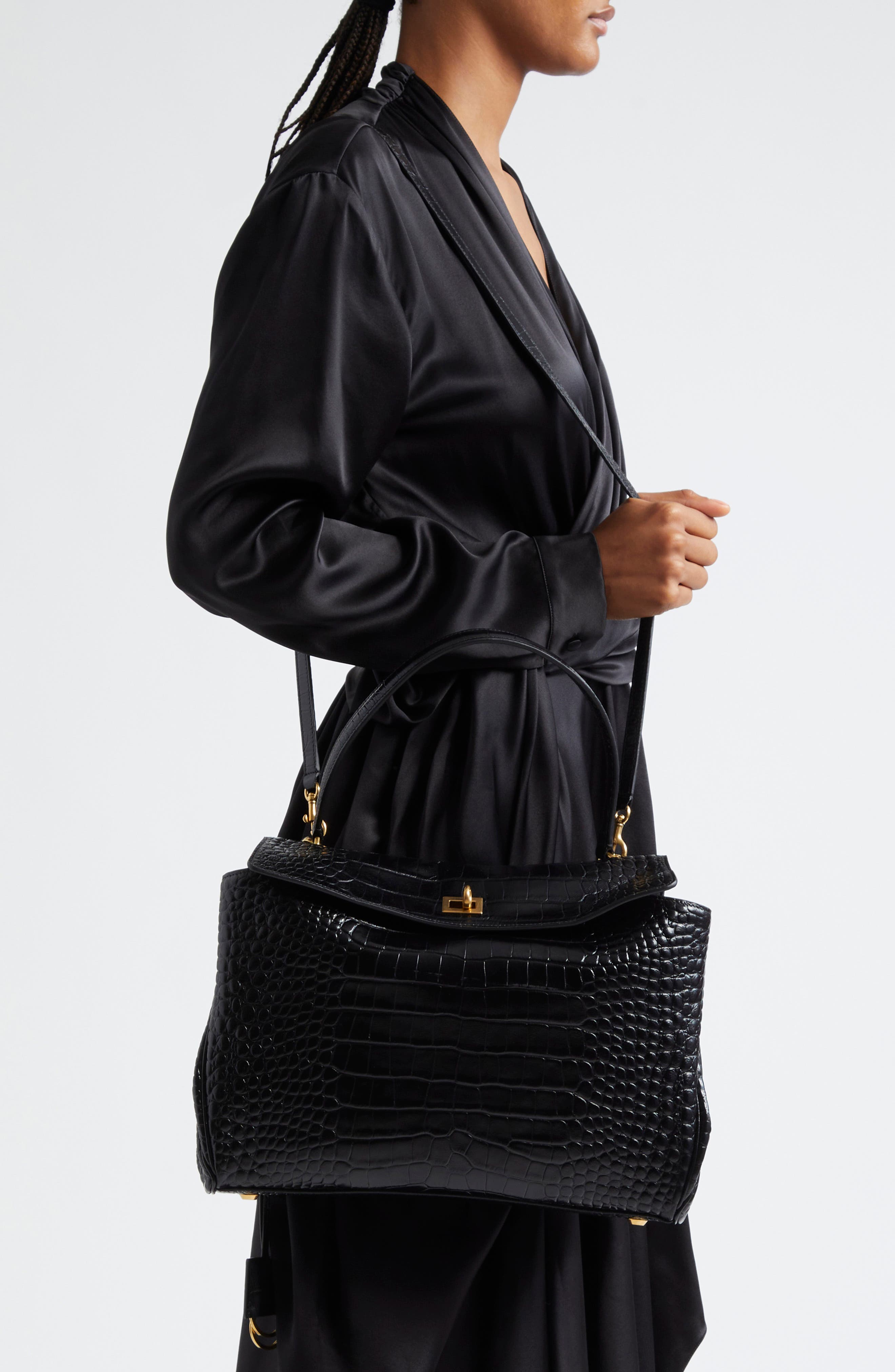 Balenciaga Medium Rodeo Croc Embossed Leather Shoulder Bag, Alternate, color, 1000 Black