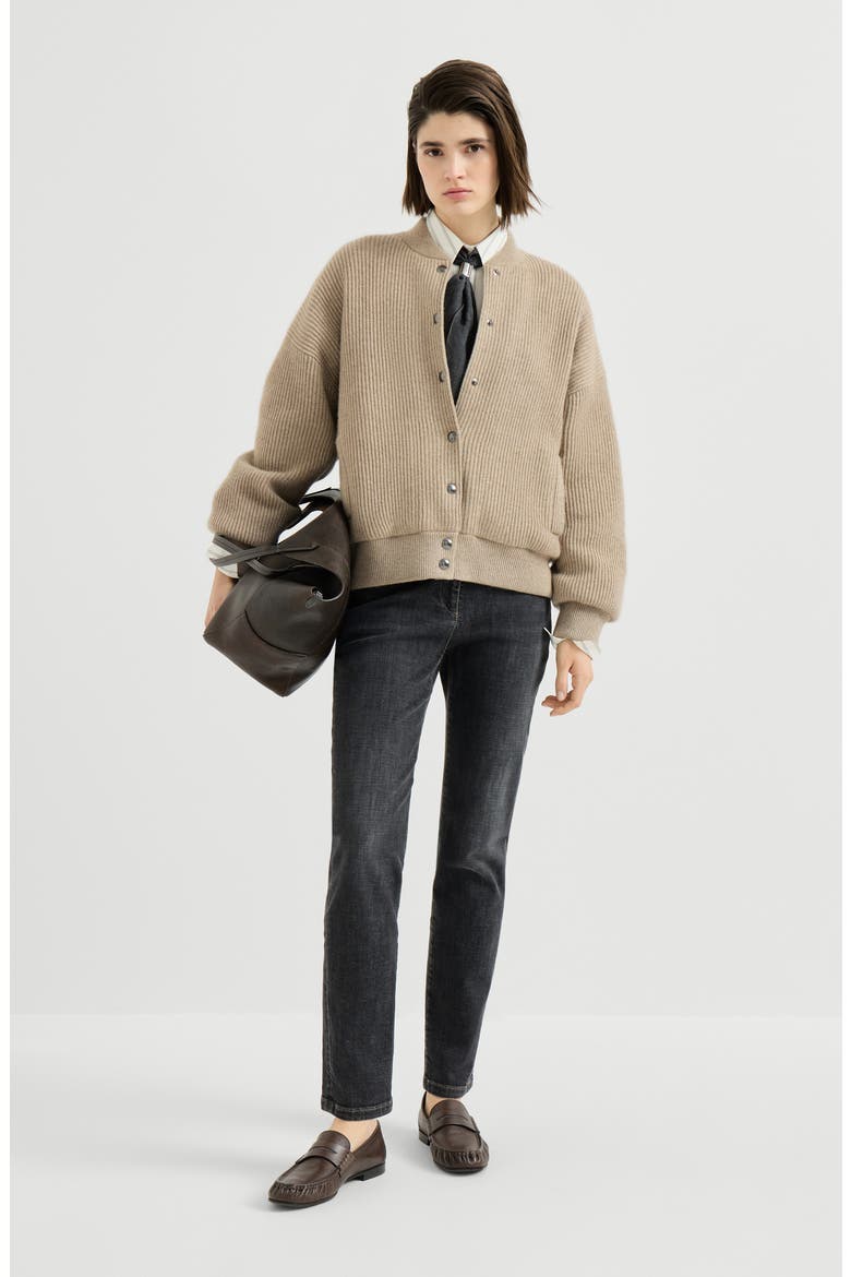 Stretch denim slim five-pocket trousers with shiny leather tab, Alternate, color, Dark Grey