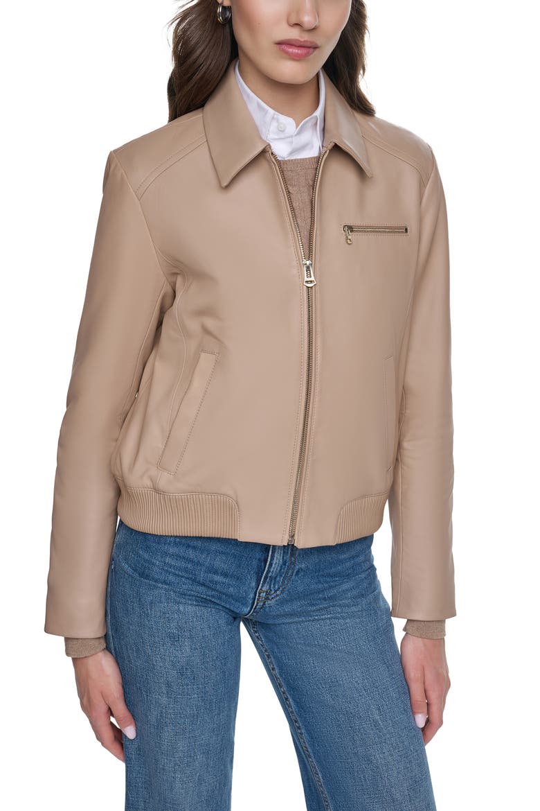 Leather Bomber Jacket, Main, color, SESAME