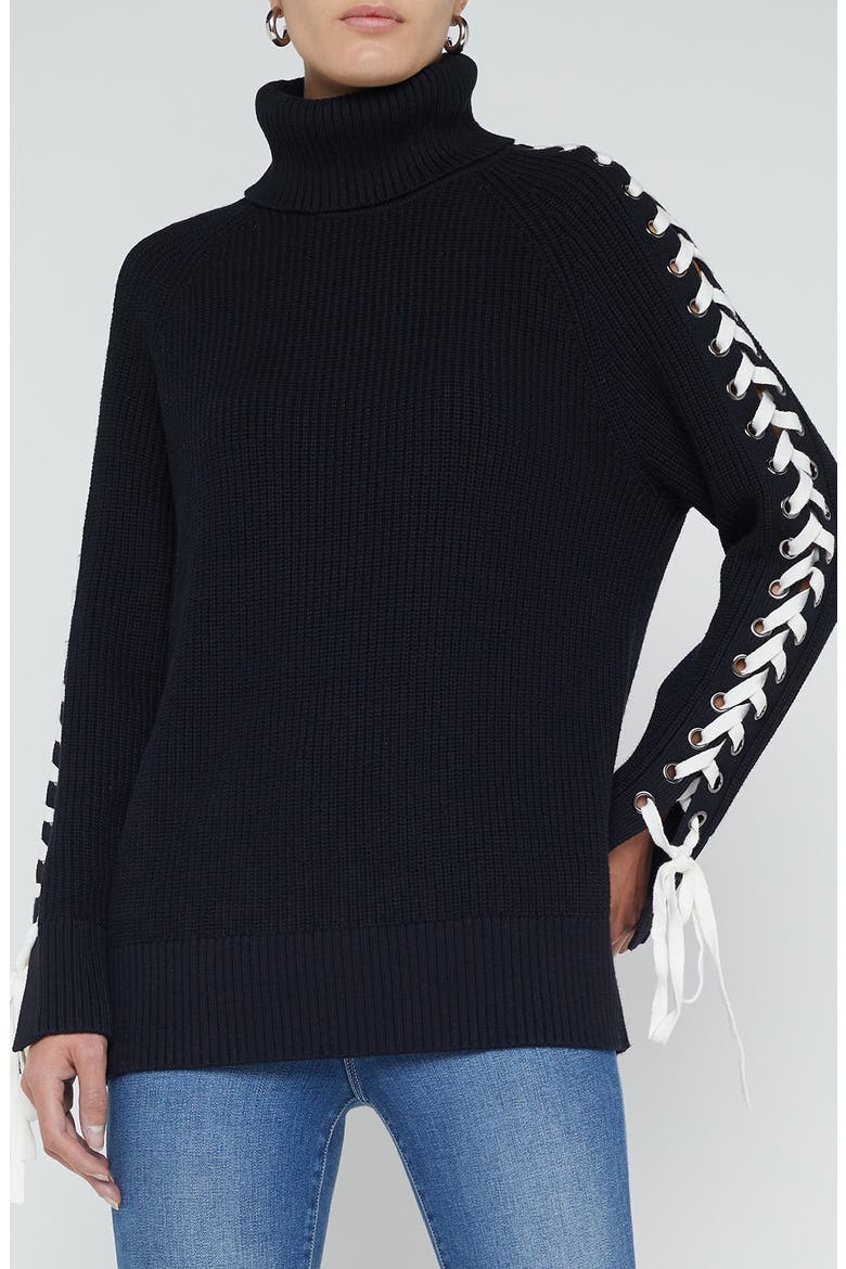 Nola Lace Up Turtleneck Sweater, Main, color, BLACK/ IVORY