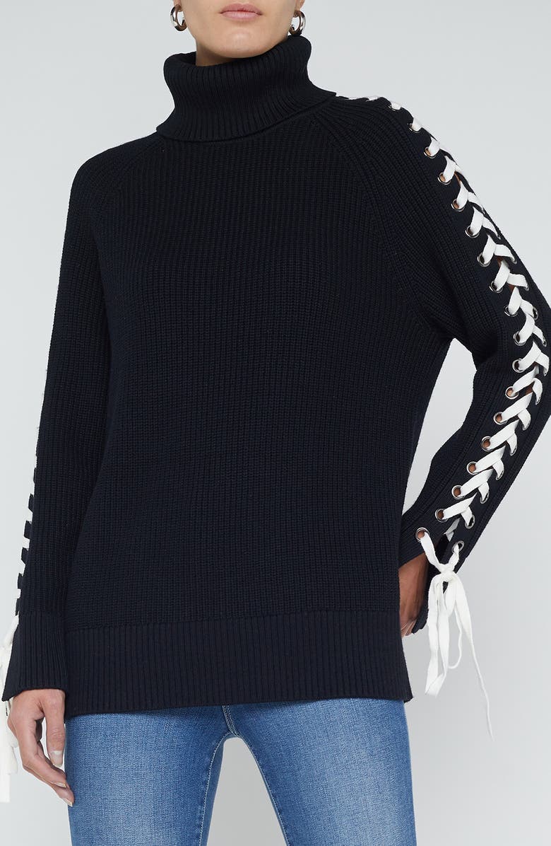 L'AGENCE Nola Lace Up Turtleneck Sweater, Main, color, Black/ Ivory